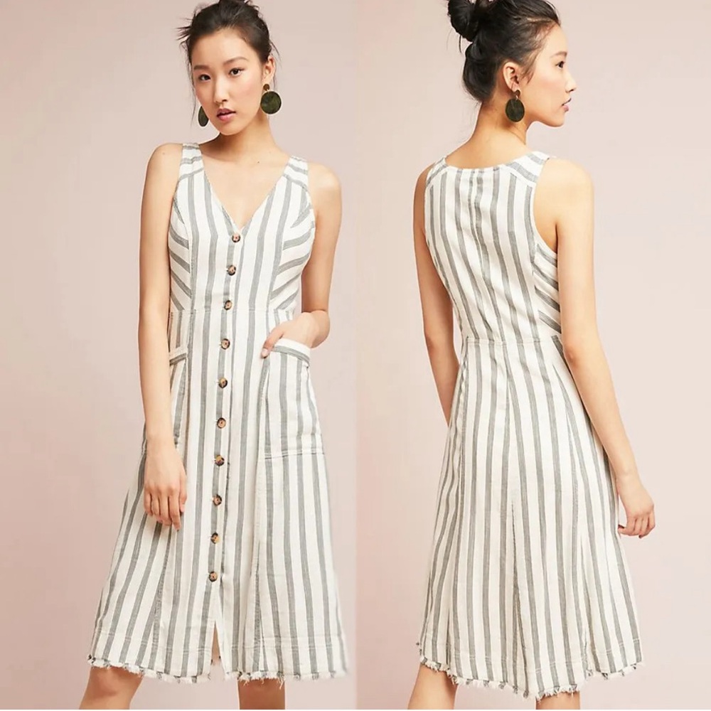 Maeve Leslie Striped Button Down Midi Dress Lightweight Breezy Summer Coastal 6